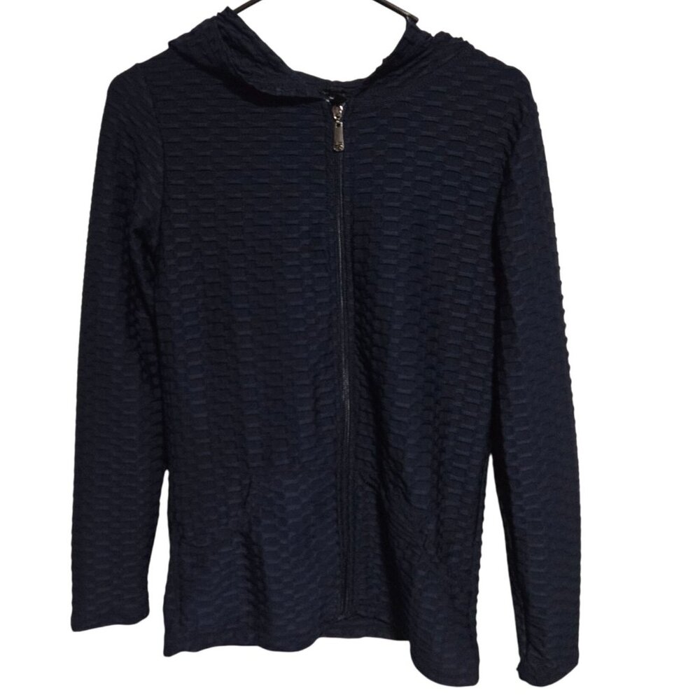 Navy Blue Textured Zip Up Hooded Jacket Womens Size Small Hoodie Winter Casual